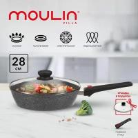 Сковорода глубокая Moulin Villa Chef CH-28-DI из алюминия, 5-слойное антипригарное покрытие, крышка, съёмная ручка, индукция, 28 см