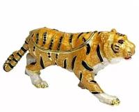 Металлическая шкатулка со стразами для украшений Тигр, средняя, размер 15,5х5х6,5 см