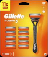 Многоразовый бритвенный станок Gillette Fusion5 Мужская Бритва 11 кассет с 5 лезвиями, с уменьшающими трение лезвиями, с точным триммером для бороды и усов, оранжевый, 11 шт