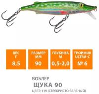 Воблер для рыбалки AQUA щука 90mm, вес - 8,5g, цвет 119 (серебристо-зеленый)