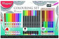 Набор для рисования MAPED Coloring Set: 10 фломастеров-кистей, 10 капиллярных ручек, 12 цветных карандашей, точилка