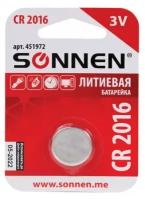 Батарейка SONNEN Lithium, CR2016, литиевая, 1 шт, в блистере, 451972