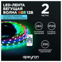 Комплект светодиодной цифровой RGB подсветки Apeyron 81ЦЛ с адаптером питания и контроллером для цифровой RGB ленты с радио пультом. Гибкая разноцветная самоклеящаяся светодиодная LED лента для подсветки дома, дачи или офиса, кухни, коридора спальни или гостиной. 12В, 14,4Вт/м, smd5050, 60д/м, IP20, 2 метра