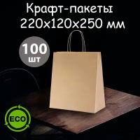 Пакет бумажный крафт 100 штук (220х120х250 мм) мешок подарочный фасовочный новогодний с кручеными ручками (кулек крафтовый) бежевый