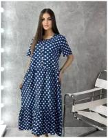 Платье трикотажное синее в белый горох 60 размер