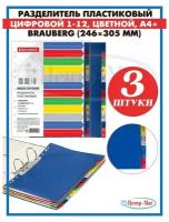 Разделитель пластиковый широкий BRAUBERG А4+, 12 листов, цифровой 1 - 12, оглавление, цветной, 3 шт