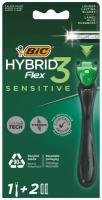 Мужская бритва 3 лезвия BIC Hybrid 3 Flex Sensitive с плавающей головкой бритвенный станок для мужчин + 2 сменные кассеты с Алоэ Вера и витамином Е