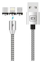 Кабель EXPLOYD EX-K-789 Кабель 3в1 USB - MICROUSB/8 PIN/TYPE-C 1М 2.1A MAGNETIC круглый нейлон серебро