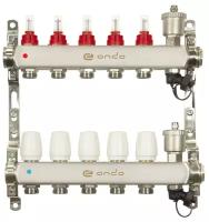 Коллекторная группа ONDO на 5 выходов с расходомерами и термостатическими клапанами в сборе с автоматическим воздухоотводчиком, нержавеющая сталь