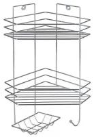 Полка угловая с мыльницей и вешалкой 2-х ярусная, 25,5×42,5 см, цвет хром