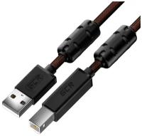 GCR Кабель PROF 1.5 метра USB 2.0, AM/BM, черно-прозрачный, ферритовые кольца, армированный, морозостойкий (7752414)