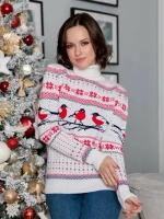 Шерстяной свитер, классический скандинавский орнамент со Снегирями и снежинками, натуральная шерсть, белый цвет, размер S