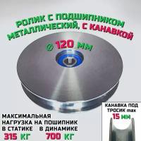 Ролик-шкив с подшипником диаметр 120х12 мм с канавкой 15 мм монтажный, металлический