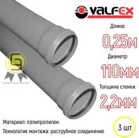 Труба Valfex Optima 3шт 110х250мм внутренняя канализационная с раструбом стенка 2.2мм PP-H серый 211100024