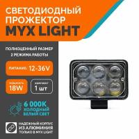 Светодиодная противотуманная фара для авто ФСО вспышка MYX-Light 12-36V мощность 18W 6000K прожектор, дневные ходовые огни для легковых и грузовых авто, джипов, квадроциклов 1шт