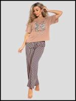 Женская пижама с брюками Лабель Кулирка Brosko футболка с округлым вырезом горловины брюки прямого кроя пояс на резинке
