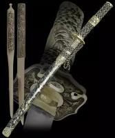 Катана самурайский меч, серебристо - синие ножны, 2 кинжала