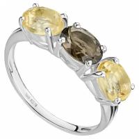 Серебряное кольцо с камнями раухтопаз и цитрин (натуральные) - размер 17,5 / покрытие Чистое Серебро