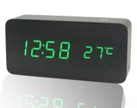 Деревянные настольные LED часы с термометром SLT-6035 (зелёные символы)