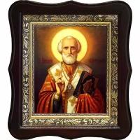 Николай Угодник (Николай Чудотворец) – архиепископ Мирликийский. Икона на холсте. (15 х 18 см / В фигурном киоте под стеклом)