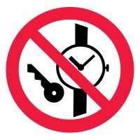 Знак запрещается иметь при (на) себе металлические предметы (часы и т.п.) (Пленка самоклеящаяся 100х100)