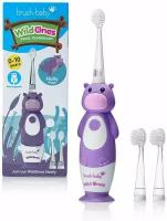 Brush-Baby WildOnes Детская электрическая аккумуляторная зубная щетка, 1 ручка, 3 насадки-щетки, USB-кабель для зарядки, для детей 0-10 лет (Hippo)
