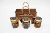 Подарочный набор Башкирский мёд -Липовый, Гречишный, Лесной, Моя медовня, 750 г (3 по 250 гр), тёмная коробка