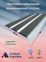 Противоскользящий алюминиевый уголок накладка с 3 вставками на ступени 98мм*1м черный