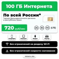 SIM-карта 100 гб интернета 3G/4G/LTE за 720 руб/мес (модемы, роутеры, планшеты) + раздача, торренты (Россия)