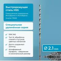 Сверло по металлу 2,1 мм NORGAU Industrial HSS удлинённое, шлифованный профиль, с центрирующей подточкой перемычки, правое, DIN 340