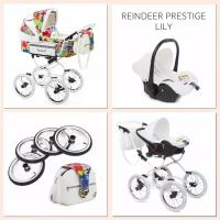 Коляска Reindeer Prestige Lily set 4 люлька+автокресло, цвет белый с цветными вставками L-4, увеличенная люлька, всесезон