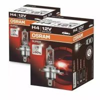 Автомобильная галогенная лампа Osram H4 +30 к мощности, 55W, галогенка тип патрона P43t, лампа Осрам цоколь Н4, на ближний, на дальний свет, 2 шт