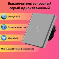 Сенсорный выключатель серый цвет, одноклавишный с панелью из закаленного стекла и подсветкой