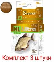 Леска зимняя для рыбалки AQUA NL ULTRA BREAM (Лещ) 30m 0,25mm, цвет - светло-коричневый, test - 6,70kg ( 3 штуки )