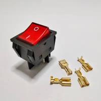 Выключатель клавишный 250В мощный, подсветка, 30А, (4с) ON-OFF красный (комплект с клеммами и термоусадкой)