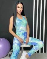 BUN/ Комбинезон женский спортивный комбез для фитнеса йоги с эффектом второй кожи жатка тай дай голубого цвета размер 48-50