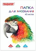 Бумага для рисования для школы, А4, 40 листов, 120 г/м2, Пифагор, 210х297 мм, Попугай, 129222