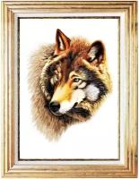 Картина вышитая шелком Голова волка ручной работы/см 55х65х3/в багете