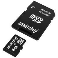 Карта памяти SmartBuy microSDHC 4 ГБ Class 10, R/W 25/14 МБ/с, адаптер на SD, 1 шт