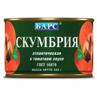 БАРС Скумбрия атлантическая в томатном соусе, 250 г