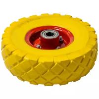 Колесо для тачки/тележки 4.10/3.50-4 (диаметр 24,5 см.) подшипник 20 мм. ось 6.8 см. садовое, строительное, полиуретан, желтая резина, красный диск