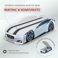 Кровать детская Boxter-New белый, спальное место 170*70, с ящиком для белья, подсветка фар и объемным бампером