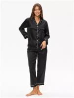 Пижама женская с брюками и рубашкой для сна, шелковая, атласная, домашняя одежда черная 44/ L размер