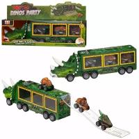 Машинка Junfa Автовоз-динозавр зеленый с 3 машинками-динозаврами со съездом