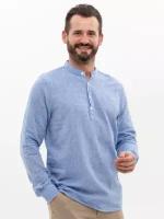 рубашка мужская льняная летняя пляжная Figo, синий с горлом стойка, размер M [АРТ 18401]