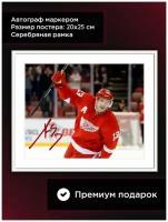 Постер в раме с автографом Павел Дацюк, Детройт Ред Уингз, Хоккей, НХЛ, 20*25 см, серебряная рама