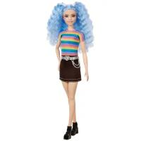 Кукла Barbie Игра с модой, 29 см, FBR37 голубые волосы футболка в полоску