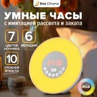 Умный электронный будильник Evo Chrono с подсветкой и световой будильник с имитацией рассвета / Часы настольные и каминные с FM радио и 6 мелодиями