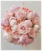 Букет Роза розовая, пионы розовые, сухоцветы, красивый букет цветов, пионов, шикарный, цветы премиум