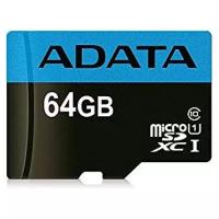 Карта памяти ADATA microSDXC 64 ГБ, UHS-I U1, R 50 МБ/с, адаптер на SD, 1 шт., черный